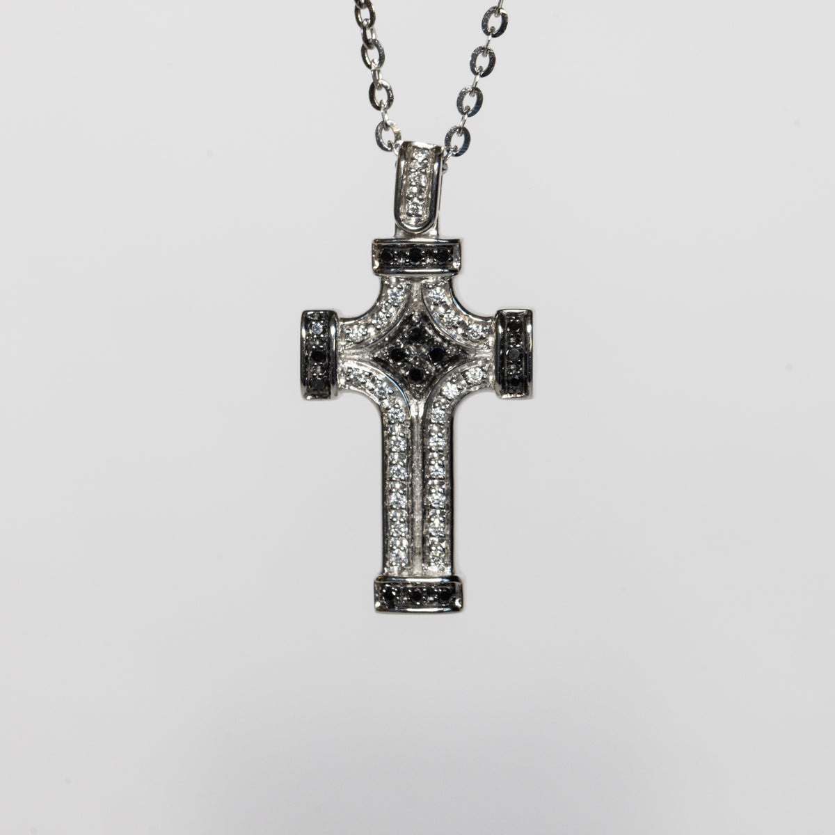 18kt White Gold Cross Necklace with White and Black Diamonds