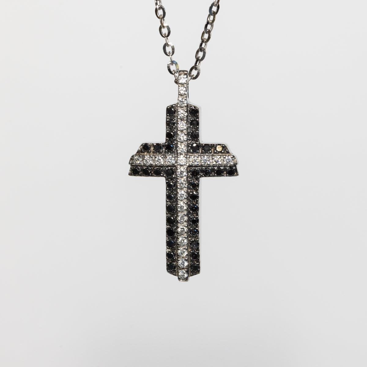 18kt White Gold Cross Necklace with Diamonds and Black Diamonds