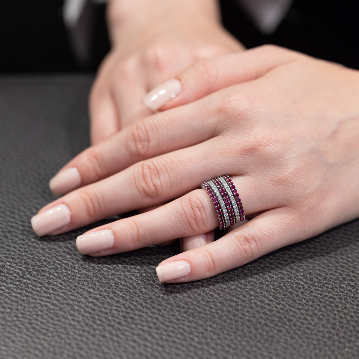 18KT White Gold Band Ring with Diamonds and Rubies