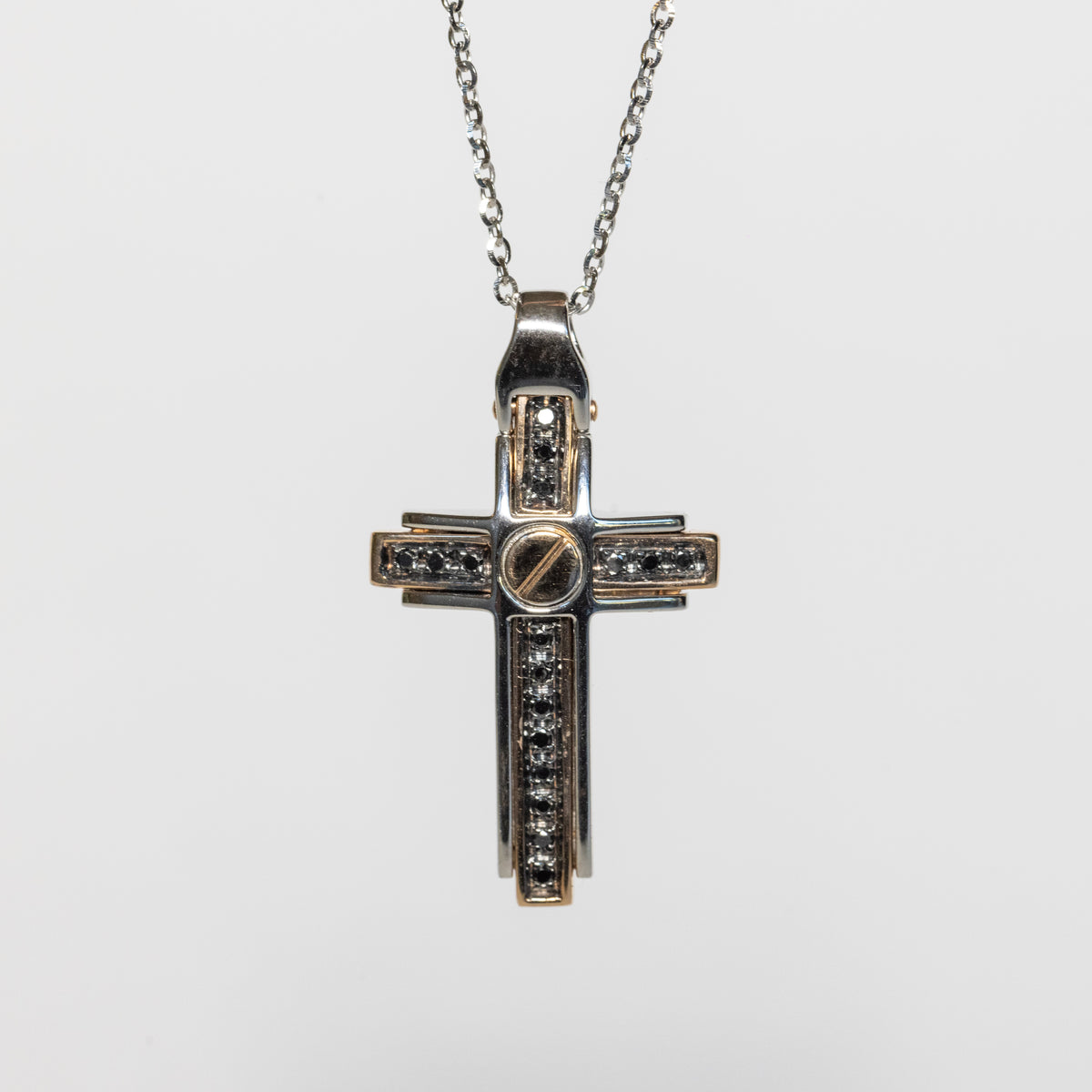 18kt White and Yellow Gold Cross Necklace with Black Diamonds