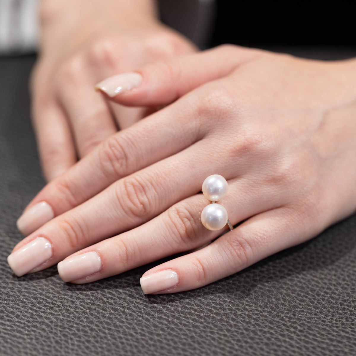 18KT Yellow Gold Ring with Double Akoya Pearl and Diamonds