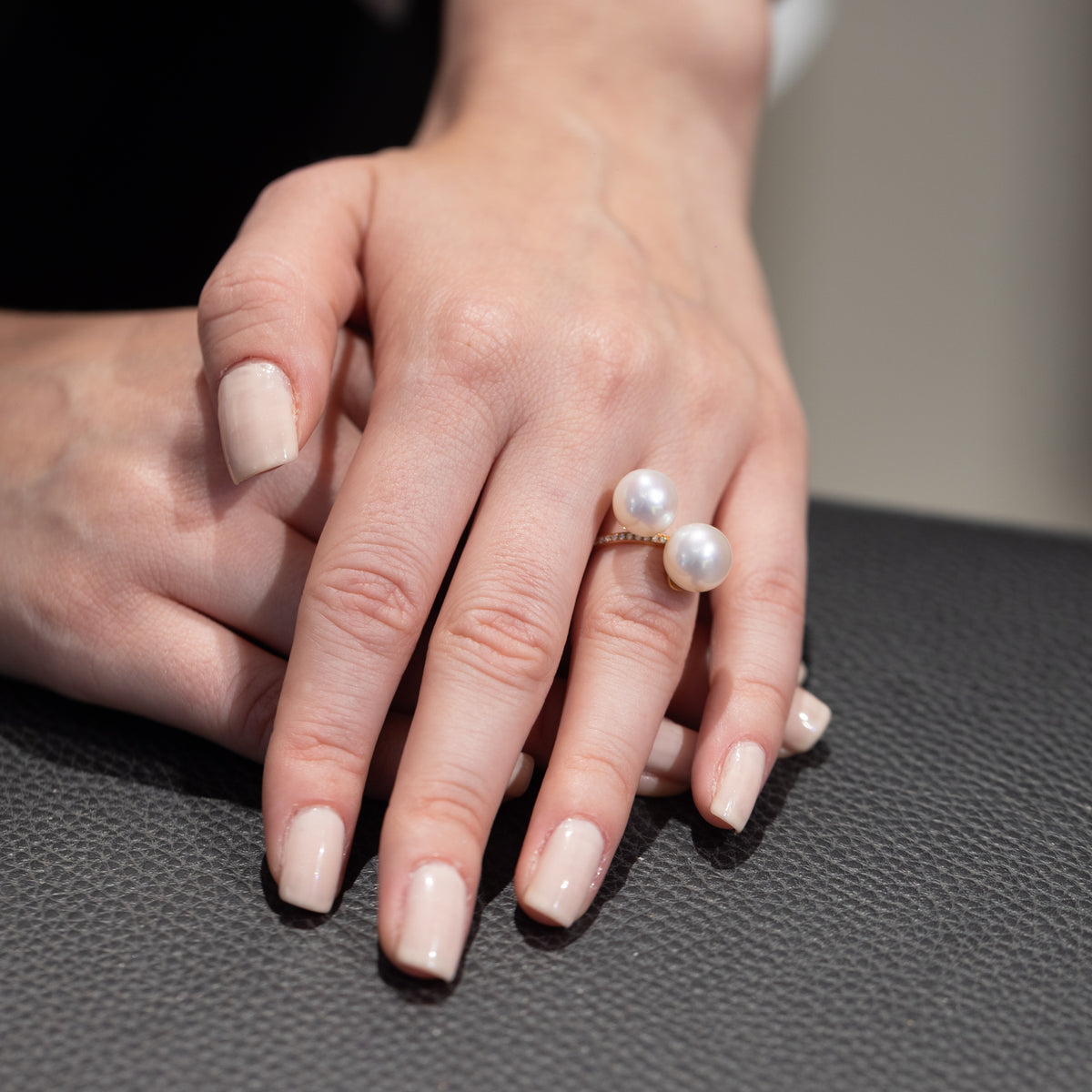 18KT Yellow Gold Ring with Double Akoya Pearl and Diamonds