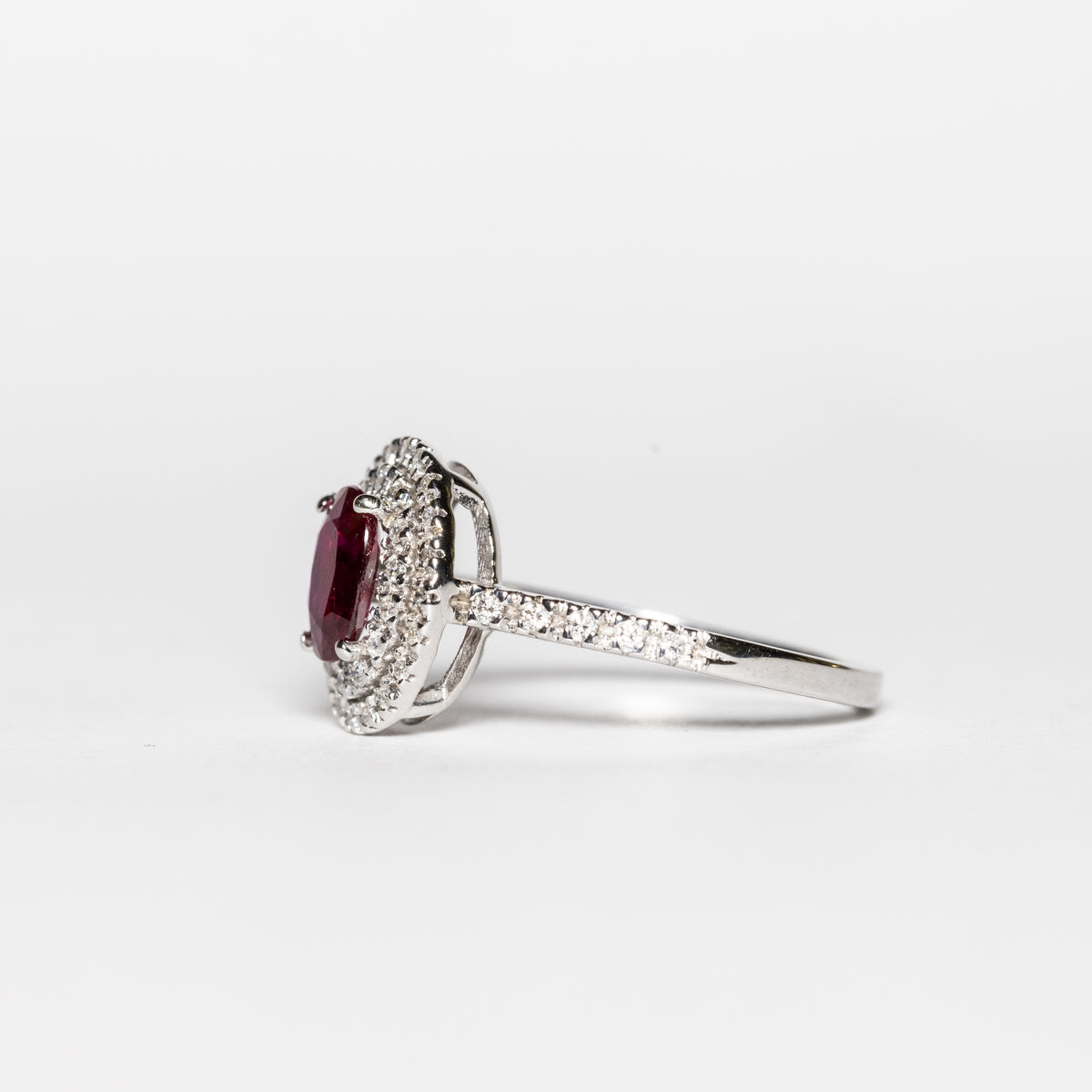 18 KT White Gold Ring with Central Ruby and Double Row of Diamonds