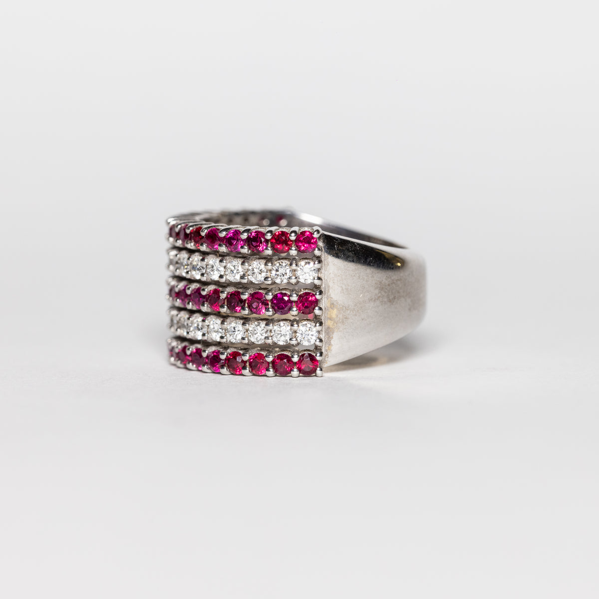 18KT White Gold Band Ring with Diamonds and Rubies