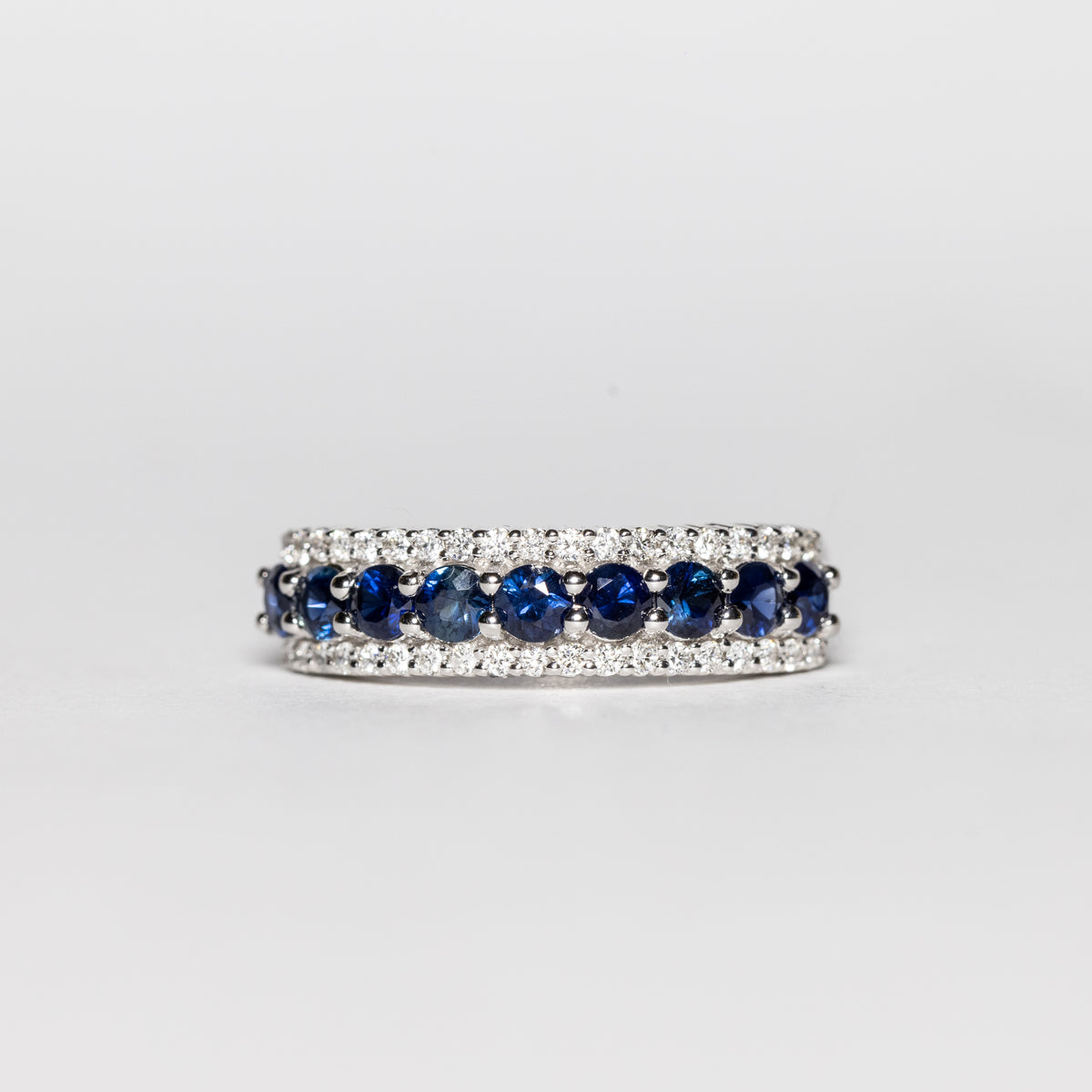 18KT White Gold Band Ring with Diamonds and Sapphires