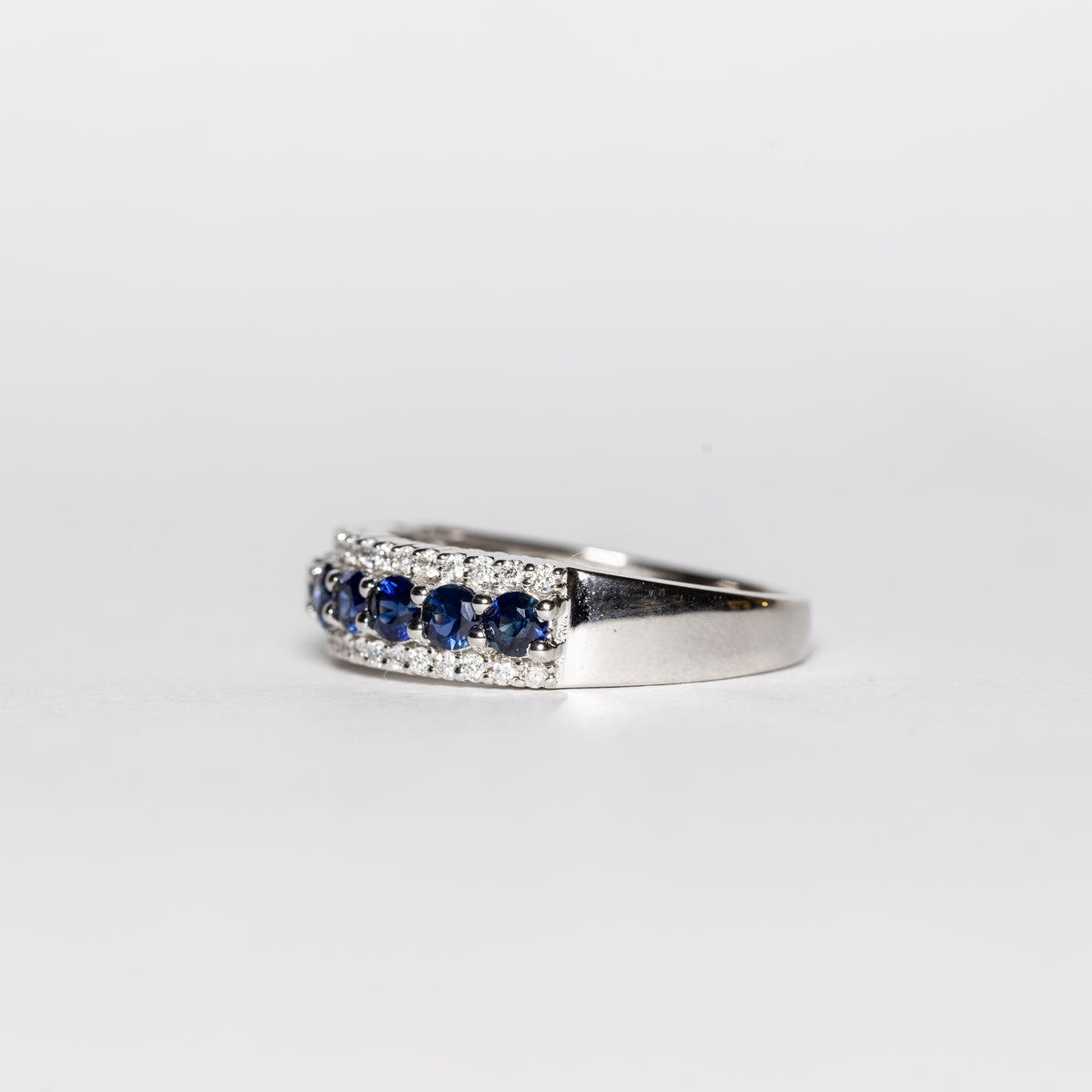 18KT White Gold Band Ring with Diamonds and Sapphires