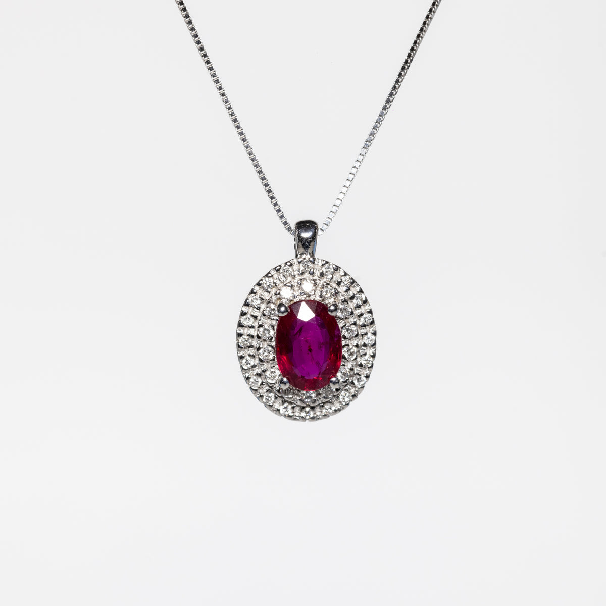 18 KT White Gold Necklace with Central Ruby and Double Row of Diamonds