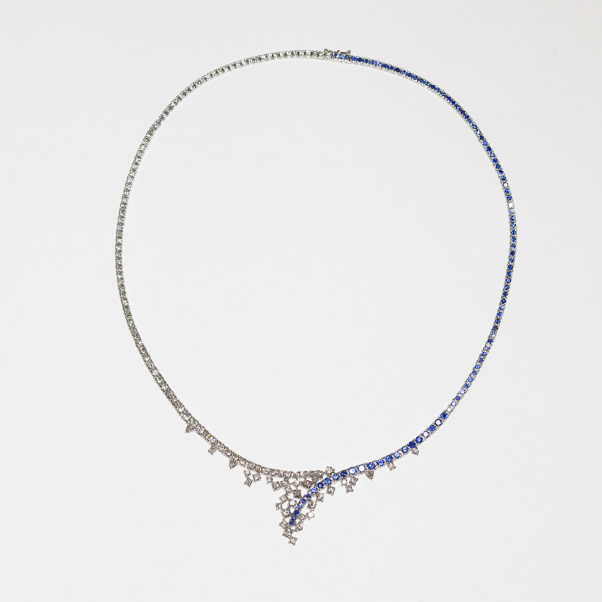 Margutta Necklace in 18 KT White Gold with Round Brilliant Cut White Diamonds and Round Brilliant Cut Ceylon Sapphires. Unique Creation.