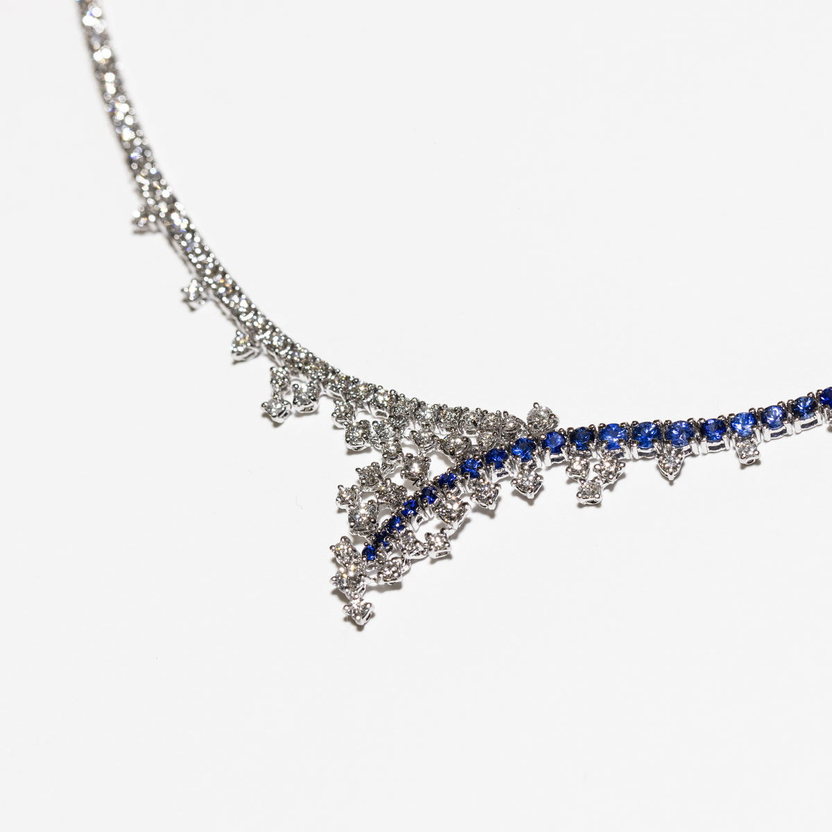 Margutta Necklace in 18 KT White Gold with Round Brilliant Cut White Diamonds and Round Brilliant Cut Ceylon Sapphires. Unique Creation.