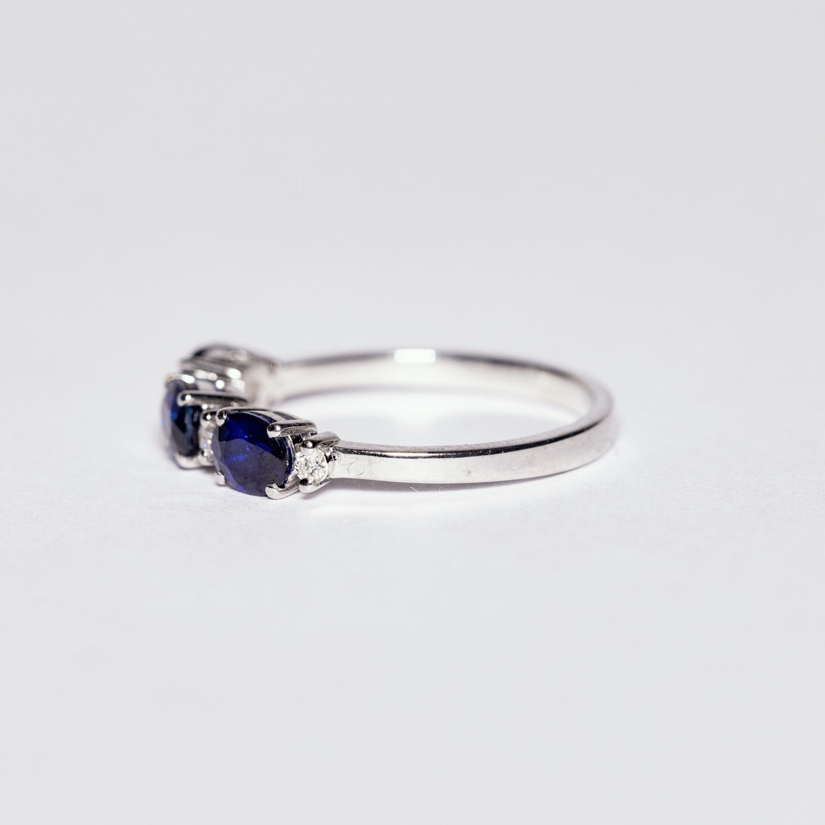 18kt White Gold Trilogy Ring With Oval Cut Sapphires and Diamonds