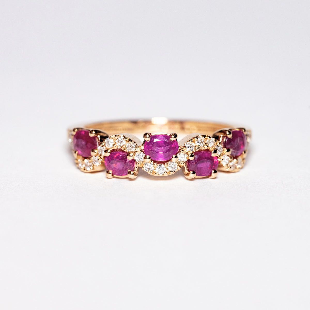 18kt Rose Gold Ring Fantasy Model with Oval Cut Rubies and Diamonds