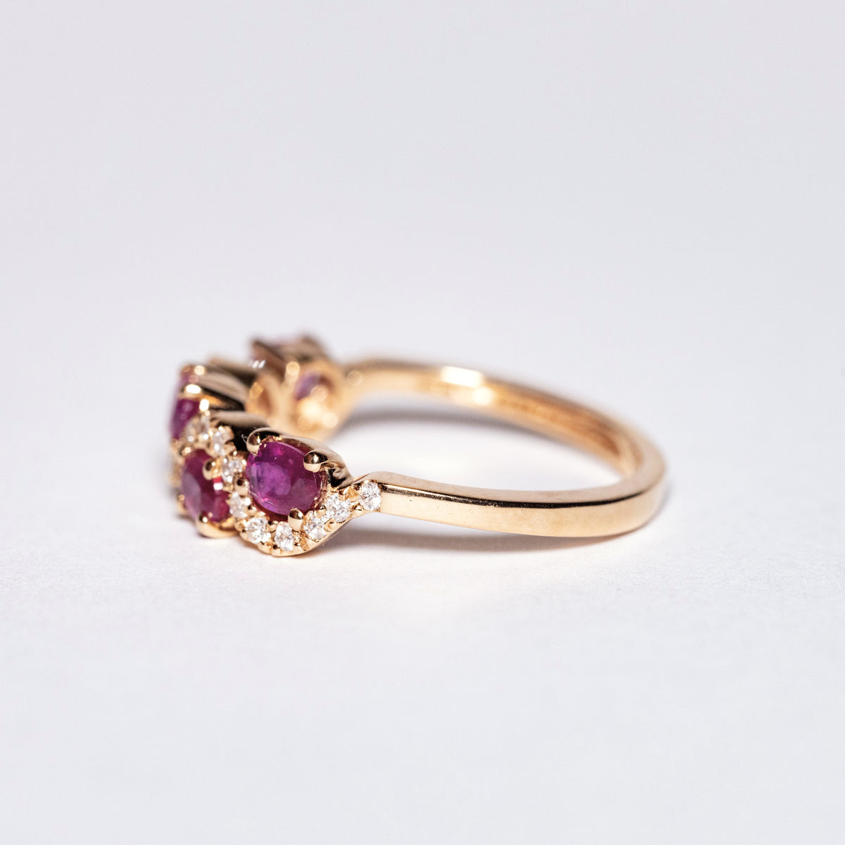 18kt Rose Gold Ring Fantasy Model with Oval Cut Rubies and Diamonds