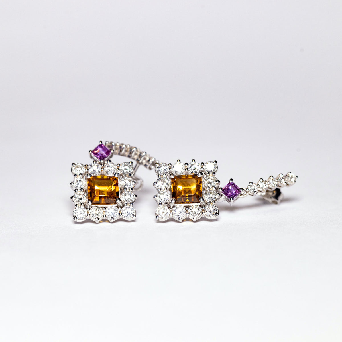 18kt White Gold Earrings with Central Citrine Topaz, Pink Sapphires and Diamonds