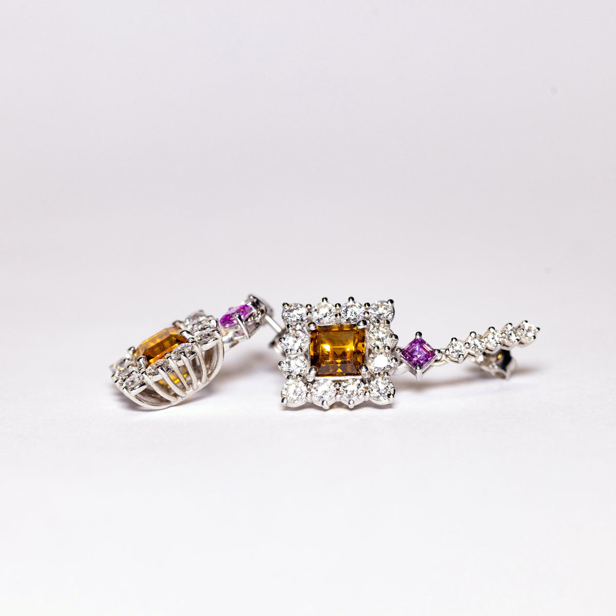18kt White Gold Earrings with Central Citrine Topaz, Pink Sapphires and Diamonds