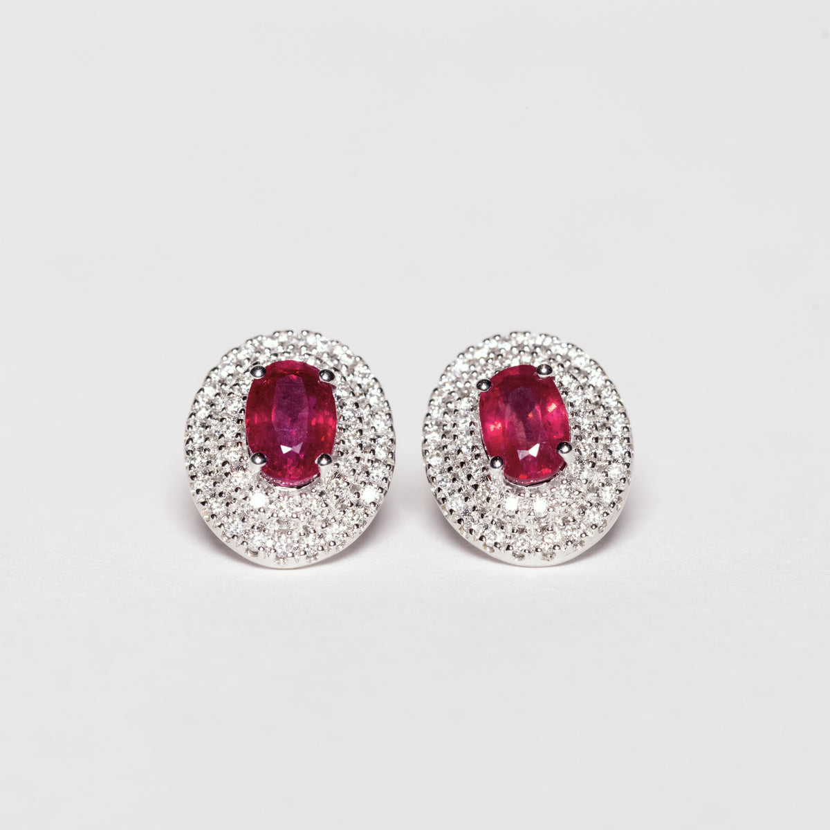 18K White Gold Earrings With Central Ruby and Double Row of Diamonds