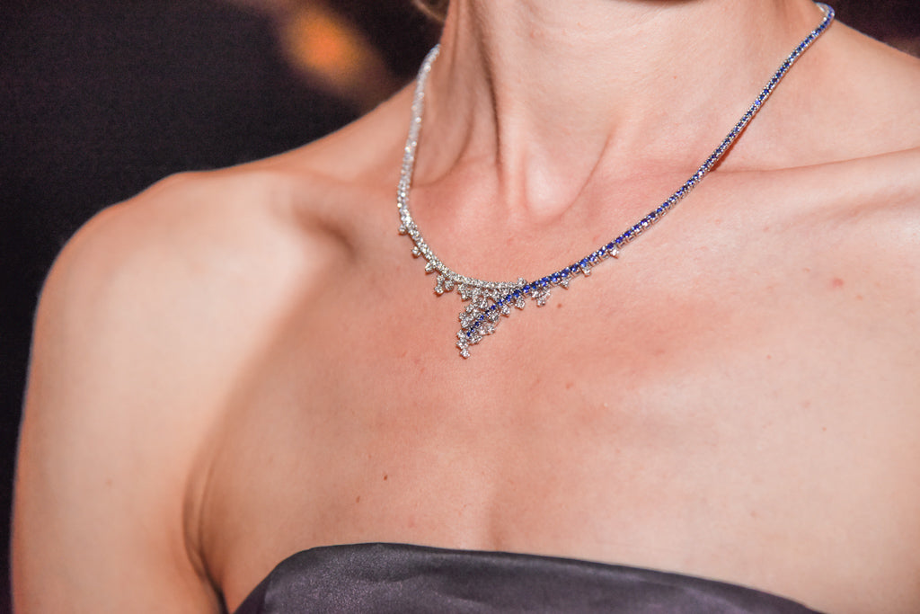 Margutta Necklace in 18 KT White Gold with Round Brilliant Cut White Diamonds and Round Brilliant Cut Ceylon Sapphires. Unique Creation.
