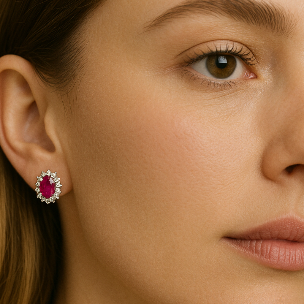 18kt White Gold Earrings with Central Rubies and Surround with Diamonds 