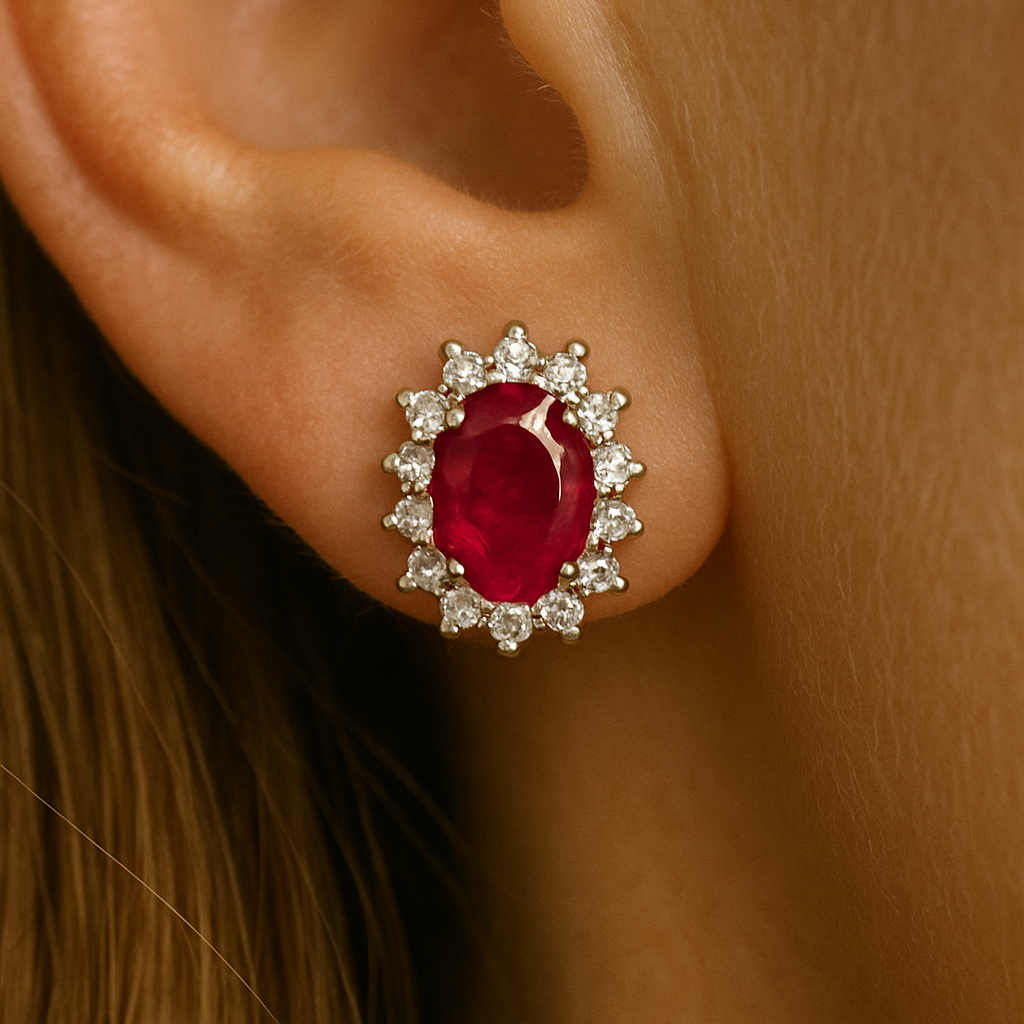 18kt White Gold Earrings with Central Rubies and Surround with Diamonds 