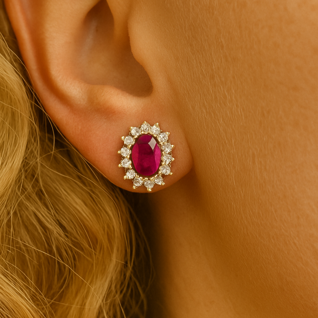 18kt White Gold Earrings with Central Rubies and Surround with Diamonds 