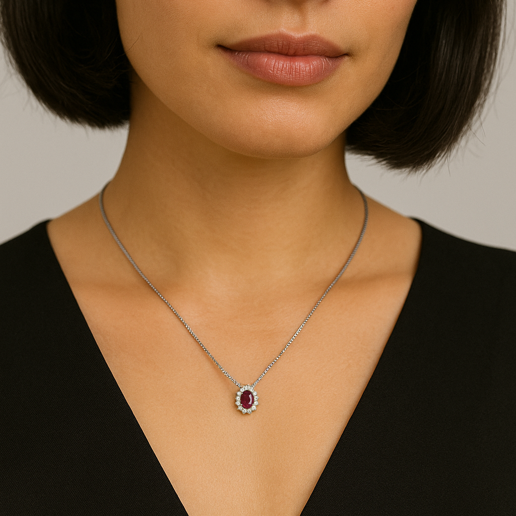 18kt White Gold Necklace with Central Ruby and Surround with Diamonds