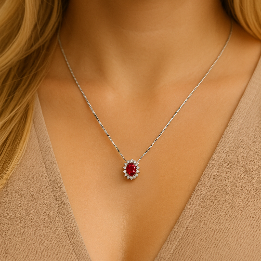18kt White Gold Necklace with Central Ruby and Surround with Diamonds
