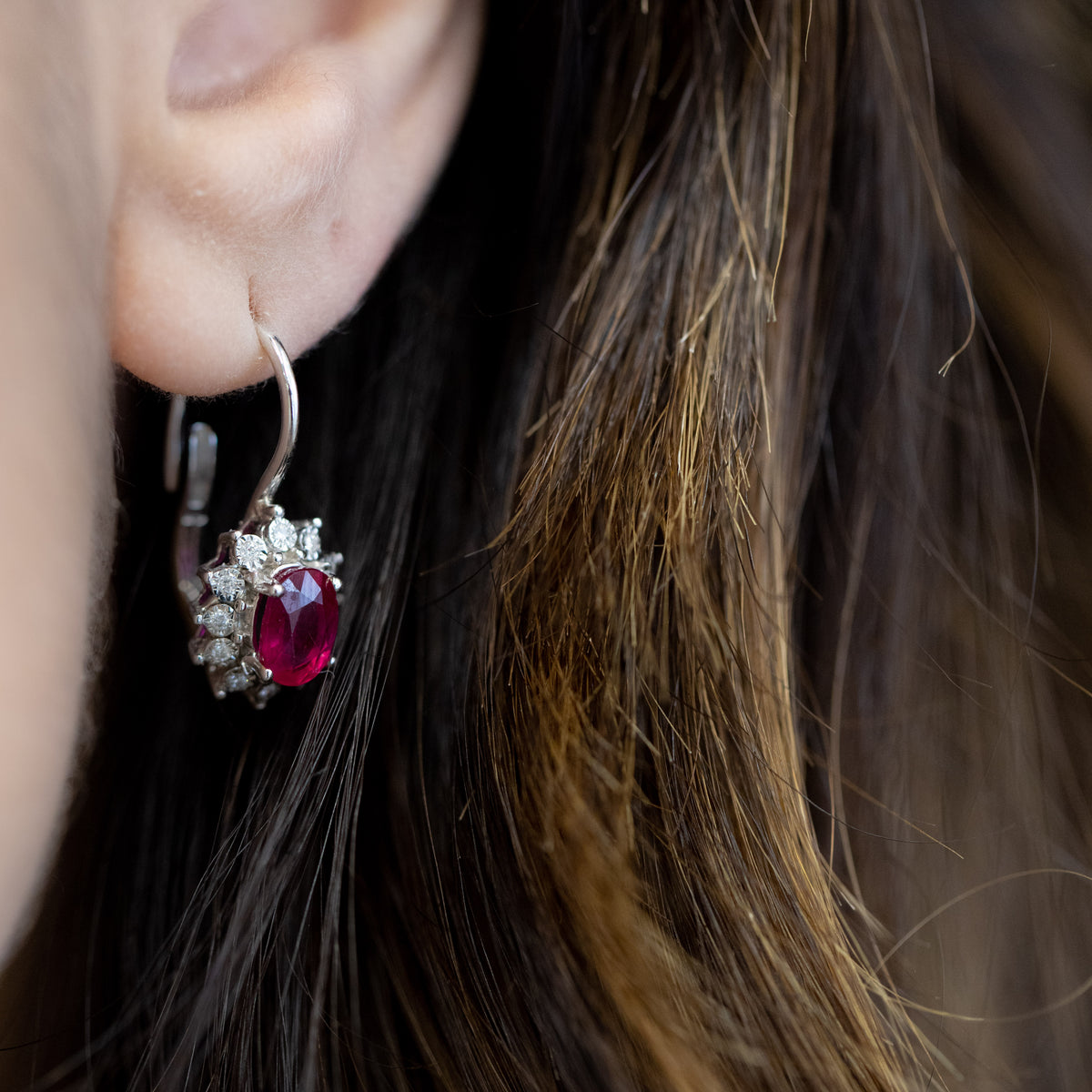 18kt White Gold Ruby and Diamond Earrings with Leverback