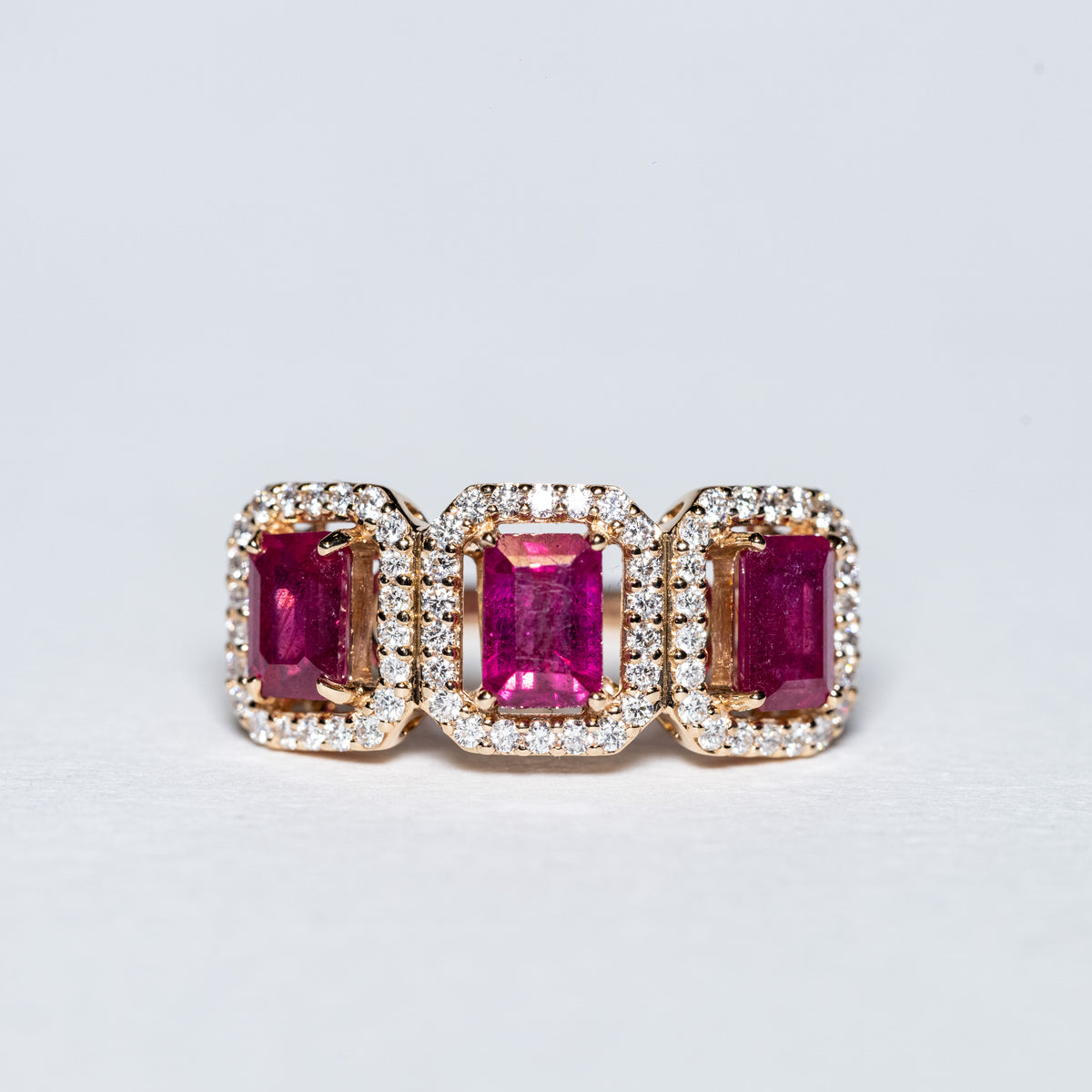 18KT Rose Gold Trilogy Ring with Baguette Cut Rubies and Diamond Ring