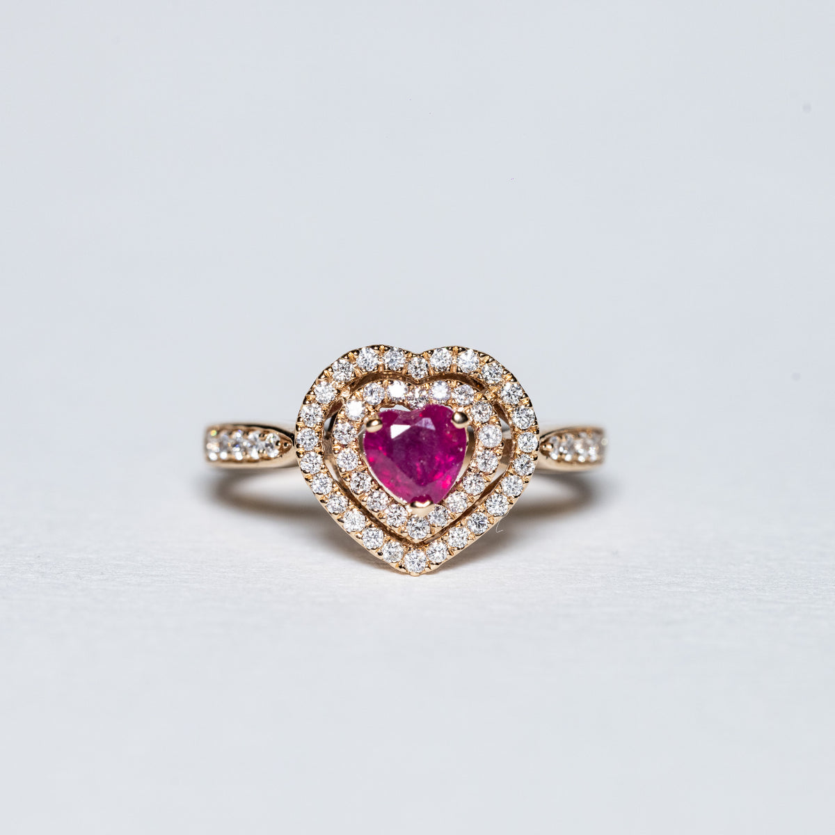18KT Rose Gold Ring with Heart-Cut Ruby and Diamond Ring