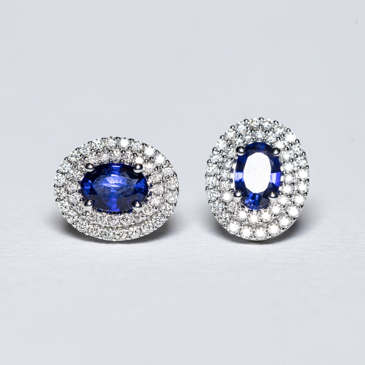 18KT White Gold Earrings With Sapphire and Double Row of Diamonds