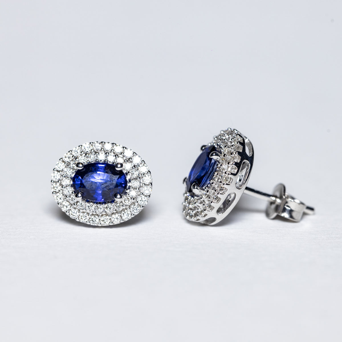 18KT White Gold Earrings With Sapphire and Double Row of Diamonds