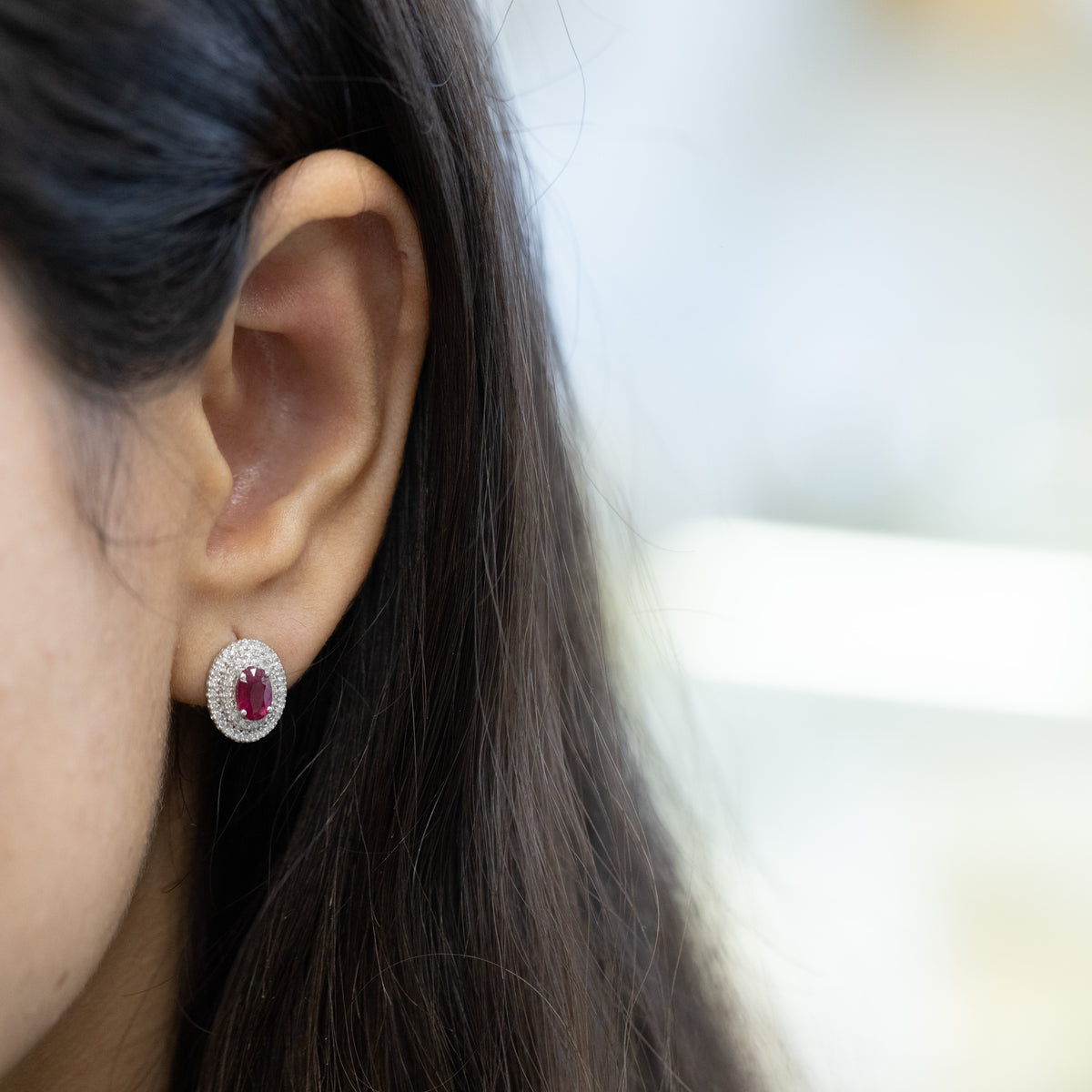 18K White Gold Earrings With Central Ruby and Double Row of Diamonds