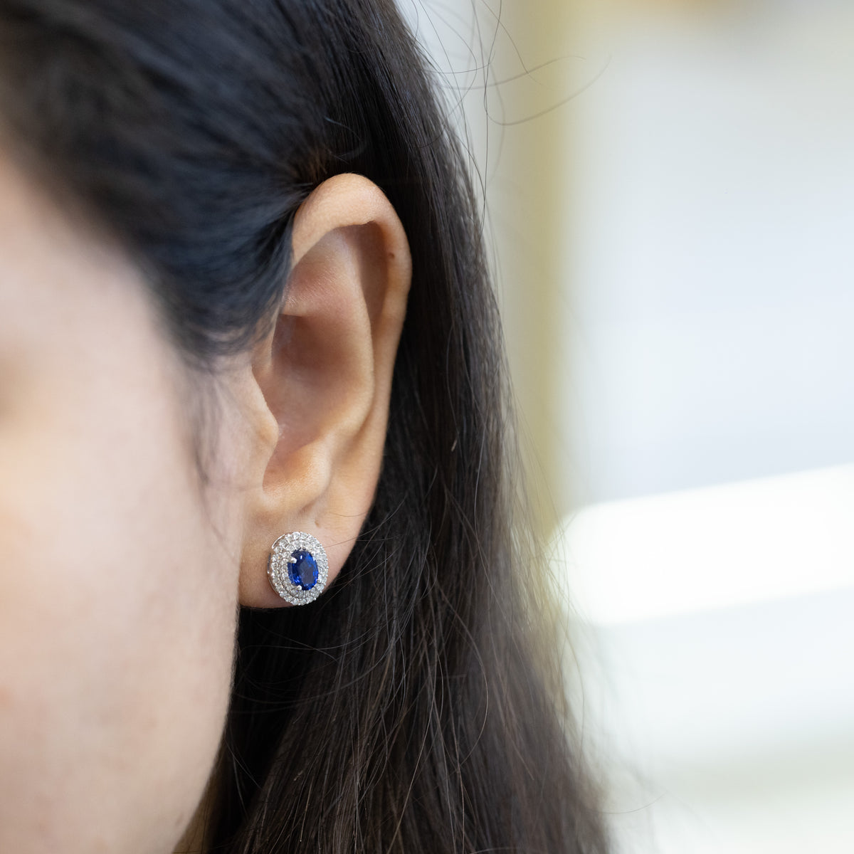 18KT White Gold Earrings With Sapphire and Double Row of Diamonds