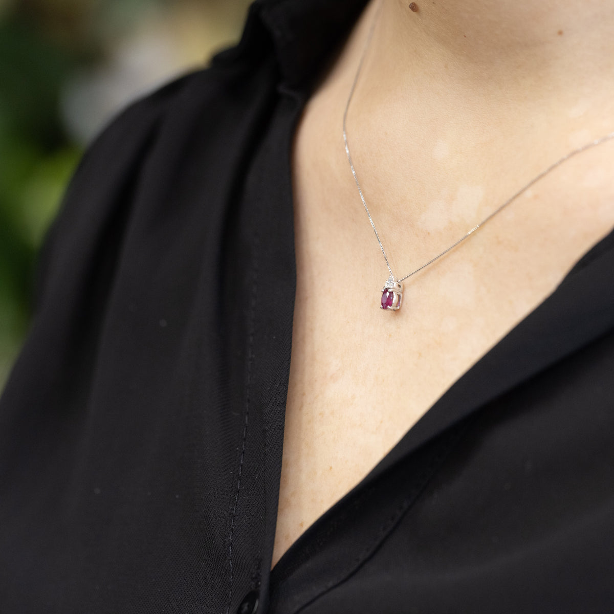 18K White Gold Necklace with Ruby and Diamond Pendant
