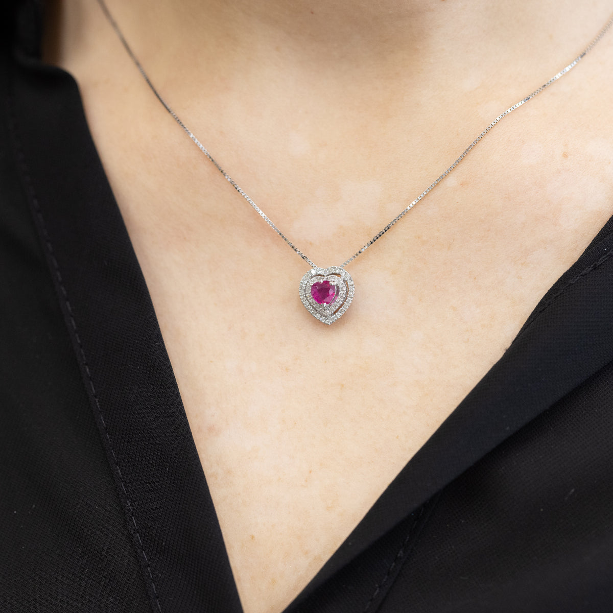 18Kt White Gold Necklace Heart Shape Pave' with Double Row of Diamonds and Central Ruby