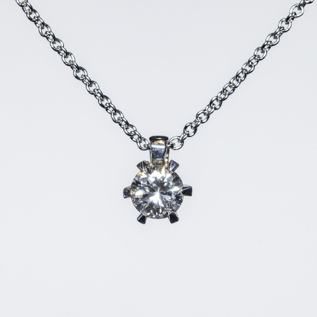 18KT White Gold Necklace with 6 Prong Setting with Round Brilliant Cut Diamond 