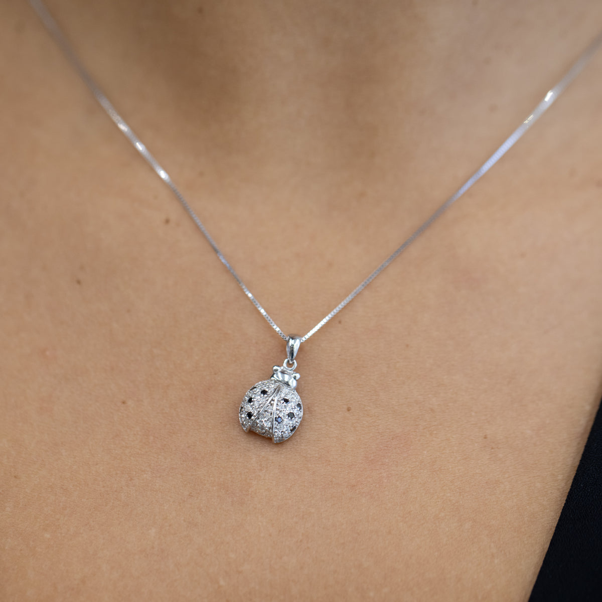 18KT White Gold Ladybug Fantasy Necklace with Black and White Diamonds