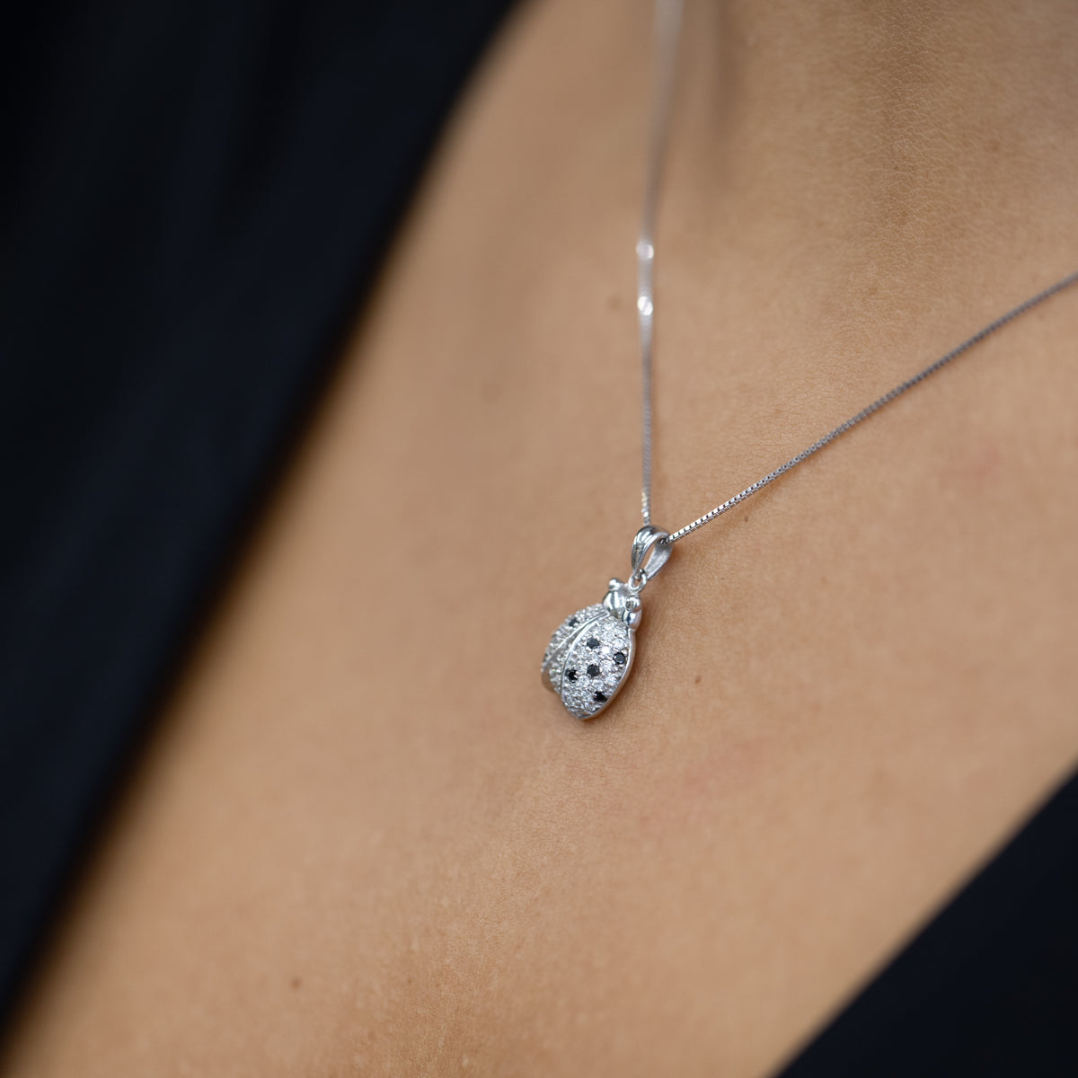18KT White Gold Ladybug Fantasy Necklace with Black and White Diamonds