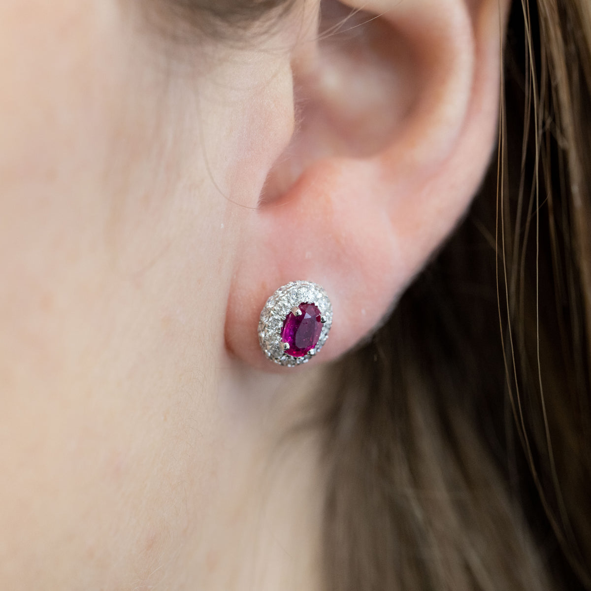 18Kt White Gold Earrings with Ruby and Double Row of Diamonds