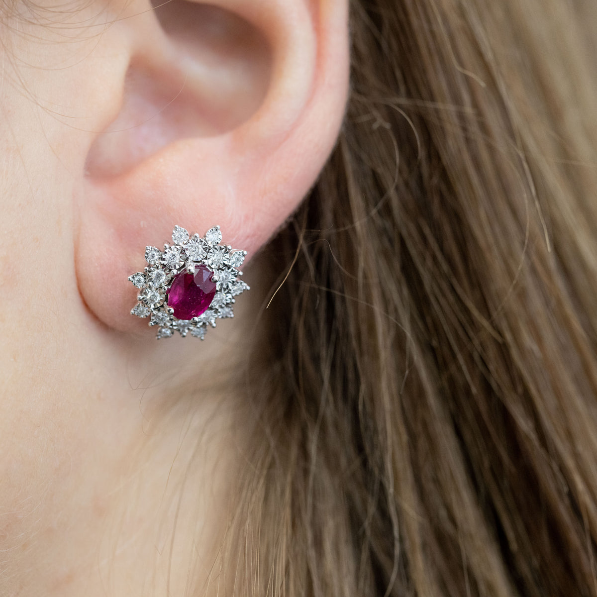 18K White Gold Earrings with Ruby and Diamonds Snowflake Shape