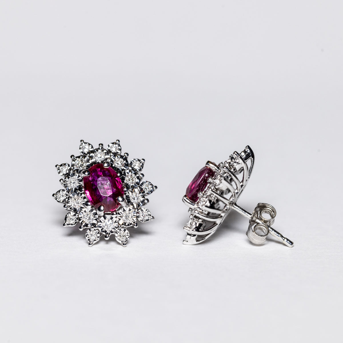 18K White Gold Earrings with Ruby and Diamonds Snowflake Shape
