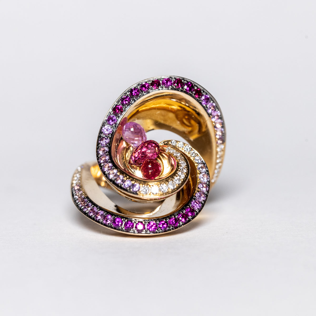 18KT Rose Gold Unique Creation Ring with Swirl Engravings, Briolette, Rubellite, Pink Sapphires, and White Diamonds