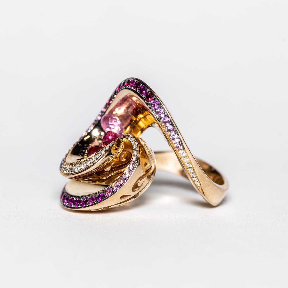 18KT Rose Gold Unique Creation Ring with Swirl Engravings, Briolette, Rubellite, Pink Sapphires, and White Diamonds