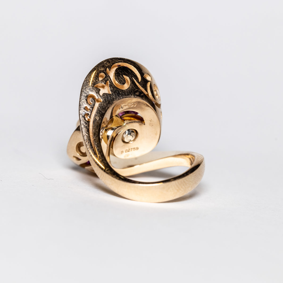 18KT Rose Gold Unique Creation Ring with Swirl Engravings, Briolette, Rubellite, Pink Sapphires, and White Diamonds