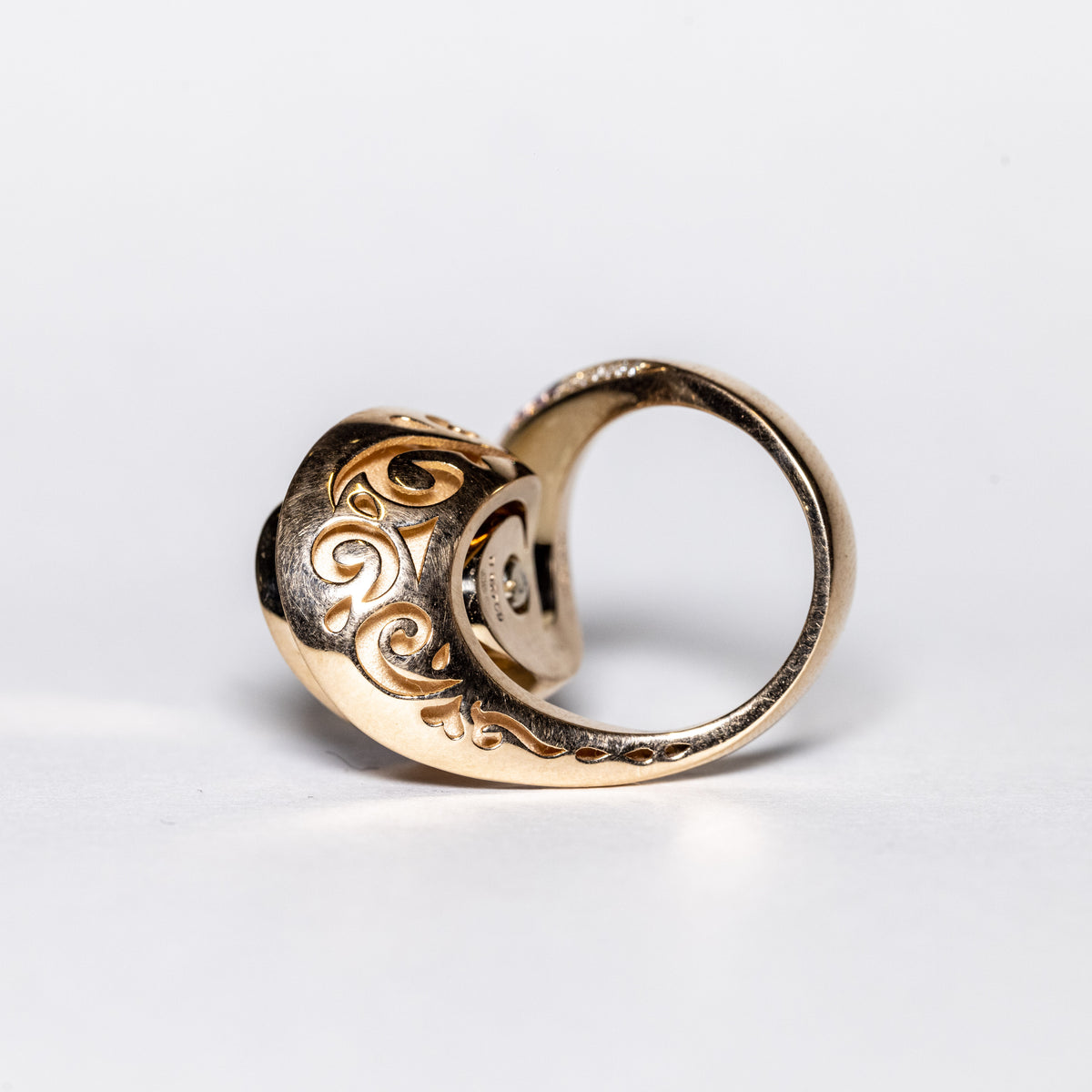 18KT Rose Gold Unique Creation Ring with Swirl Engravings, Briolette, Rubellite, Pink Sapphires, and White Diamonds