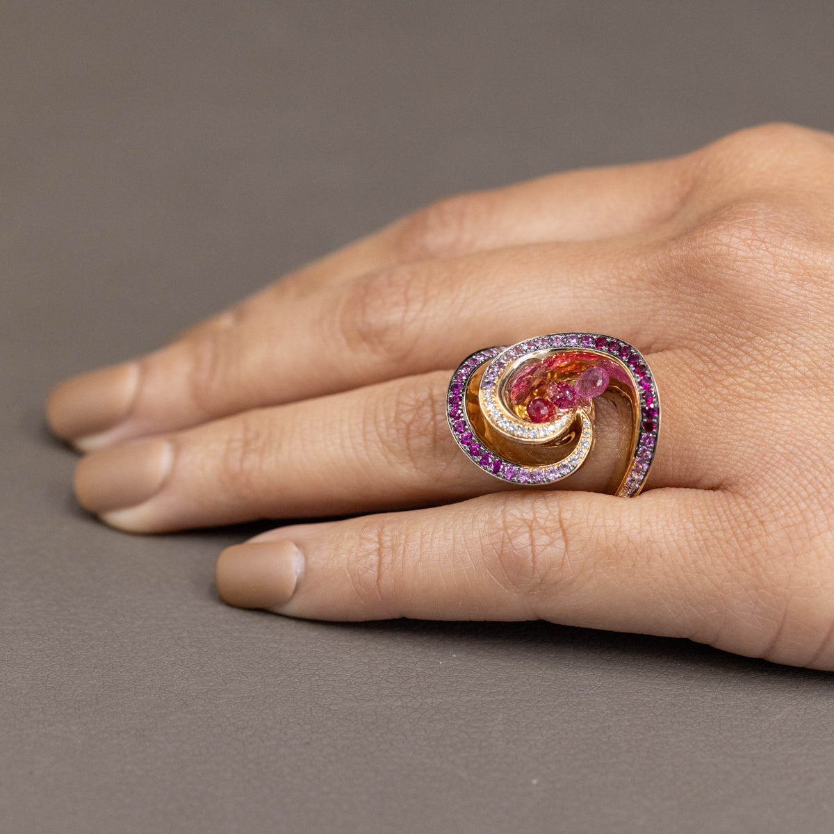 18KT Rose Gold Unique Creation Ring with Swirl Engravings, Briolette, Rubellite, Pink Sapphires, and White Diamonds
