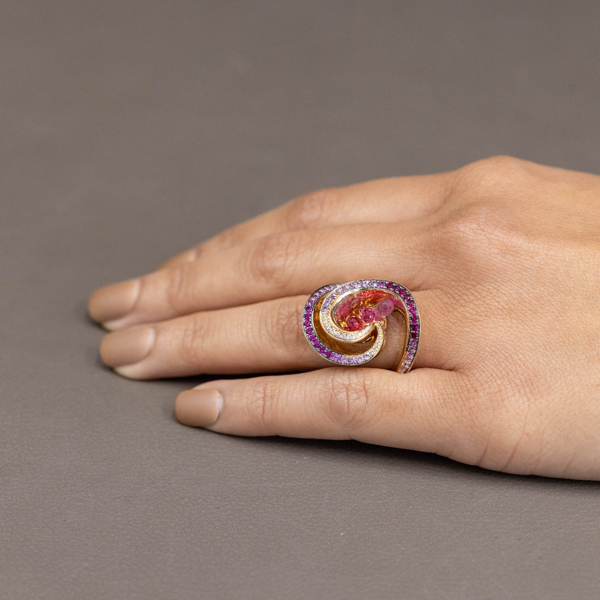 18KT Rose Gold Unique Creation Ring with Swirl Engravings, Briolette, Rubellite, Pink Sapphires, and White Diamonds