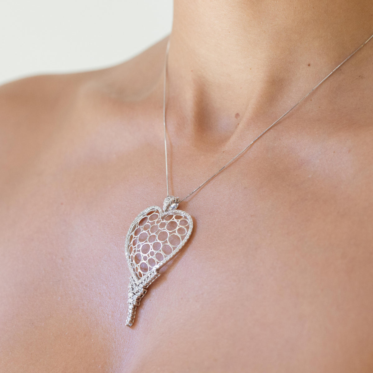 Collana con Pendente fantasia Cuore in Oro Bianco 18kt e Diamanti Taglio Brillante