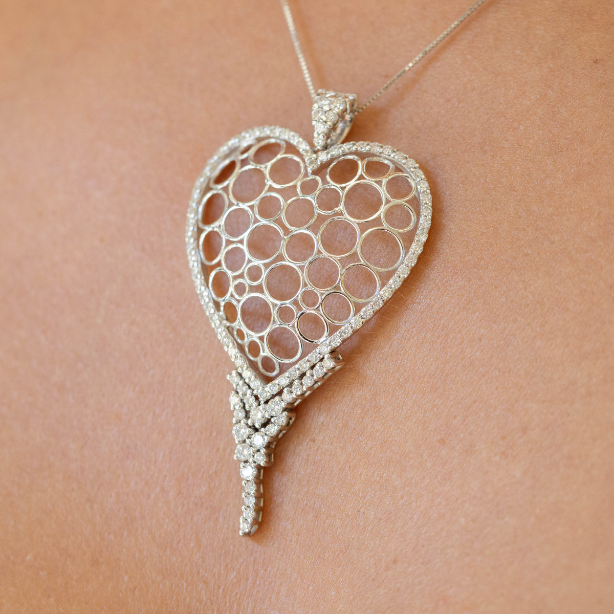 Collana con Pendente fantasia Cuore in Oro Bianco 18kt e Diamanti Taglio Brillante