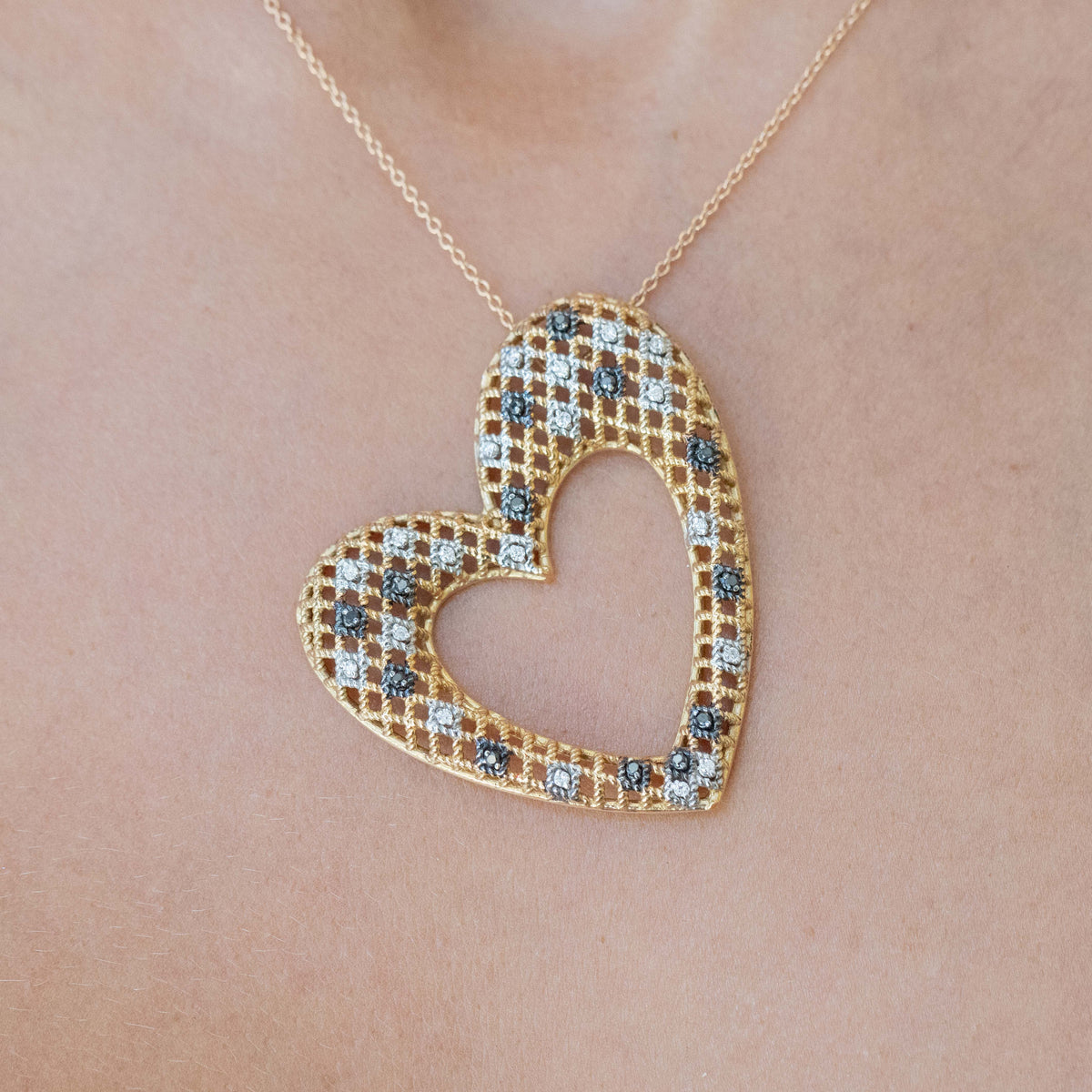 18k Yellow Gold Heart Shape Necklace with White and Black Diamonds