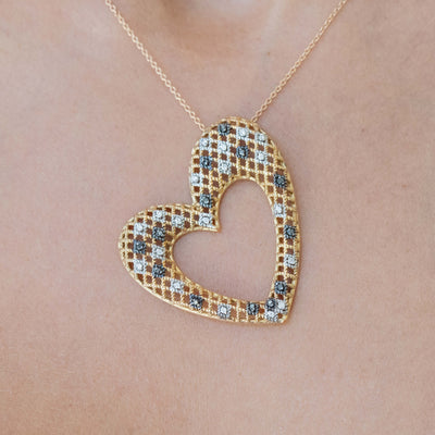 Collana Forma Cuore in Oro Giallo 18k con Diamanti Bianchi e Neri